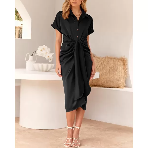 imageBTFBM Women 2023 Button Down Ruched Shirt Dresses Short Sleeve Lapel V Neck Elegant Party Spring Summer Maxi Satin DressShort Sleeve Black