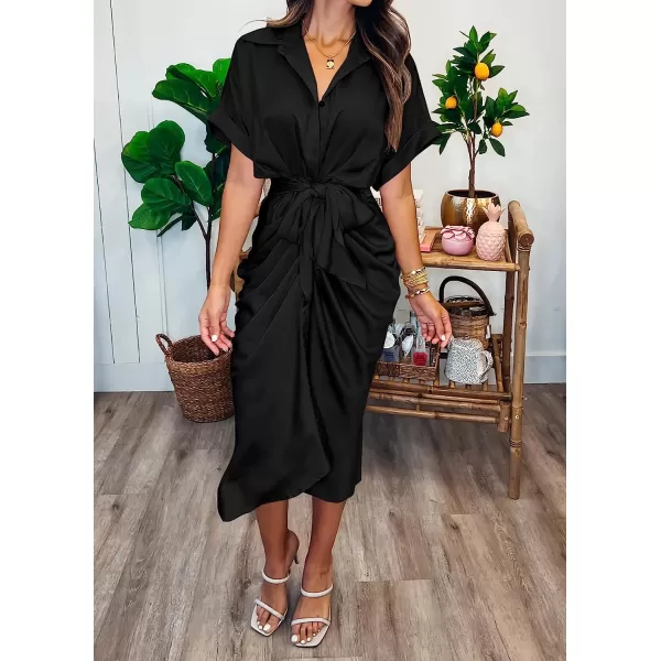imageBTFBM Women 2023 Button Down Ruched Shirt Dresses Short Sleeve Lapel V Neck Elegant Party Spring Summer Maxi Satin DressShort Sleeve Black