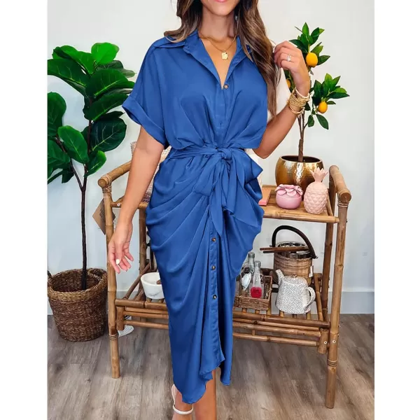 imageBTFBM Women 2023 Button Down Ruched Shirt Dresses Short Sleeve Lapel V Neck Elegant Party Spring Summer Maxi Satin DressShort Sleeve Brilliant Blue