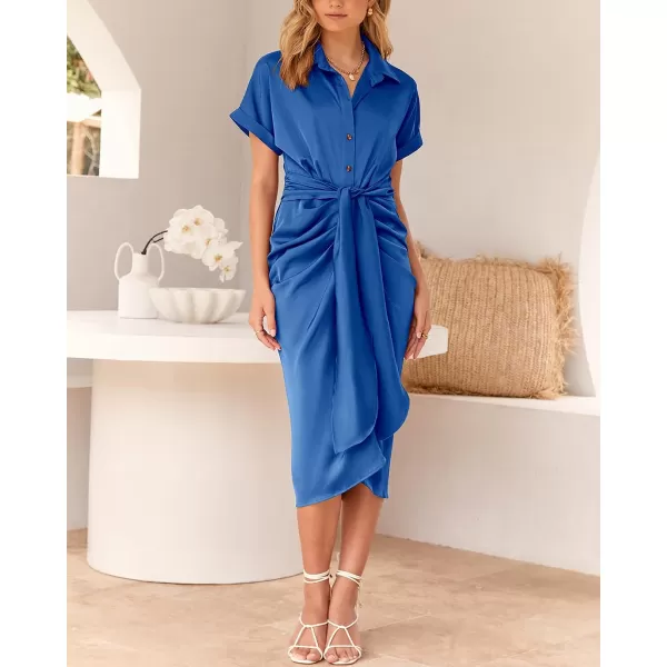 imageBTFBM Women 2023 Button Down Ruched Shirt Dresses Short Sleeve Lapel V Neck Elegant Party Spring Summer Maxi Satin DressShort Sleeve Brilliant Blue