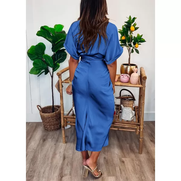 imageBTFBM Women 2023 Button Down Ruched Shirt Dresses Short Sleeve Lapel V Neck Elegant Party Spring Summer Maxi Satin DressShort Sleeve Brilliant Blue