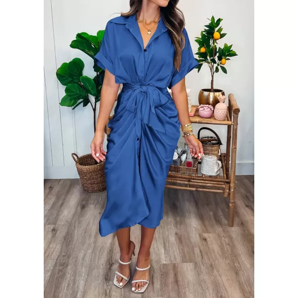 imageBTFBM Women 2023 Button Down Ruched Shirt Dresses Short Sleeve Lapel V Neck Elegant Party Spring Summer Maxi Satin DressShort Sleeve Brilliant Blue