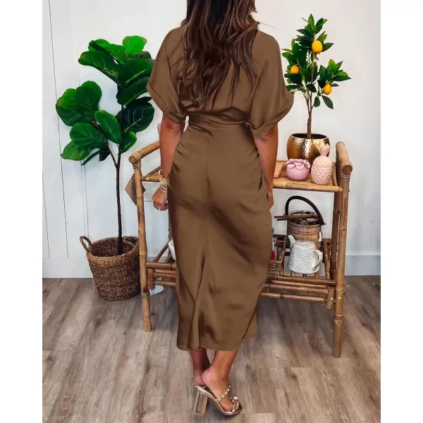 imageBTFBM Women 2023 Button Down Ruched Shirt Dresses Short Sleeve Lapel V Neck Elegant Party Spring Summer Maxi Satin DressShort Sleeve Dark Brown