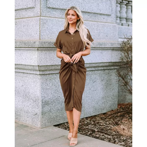 imageBTFBM Women 2023 Button Down Ruched Shirt Dresses Short Sleeve Lapel V Neck Elegant Party Spring Summer Maxi Satin DressShort Sleeve Dark Brown