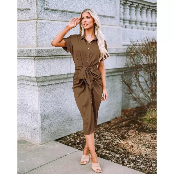 imageBTFBM Women 2023 Button Down Ruched Shirt Dresses Short Sleeve Lapel V Neck Elegant Party Spring Summer Maxi Satin DressShort Sleeve Dark Brown