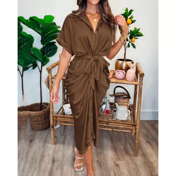 imageBTFBM Women 2023 Button Down Ruched Shirt Dresses Short Sleeve Lapel V Neck Elegant Party Spring Summer Maxi Satin DressShort Sleeve Dark Brown