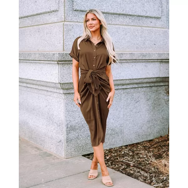 imageBTFBM Women 2023 Button Down Ruched Shirt Dresses Short Sleeve Lapel V Neck Elegant Party Spring Summer Maxi Satin DressShort Sleeve Dark Brown