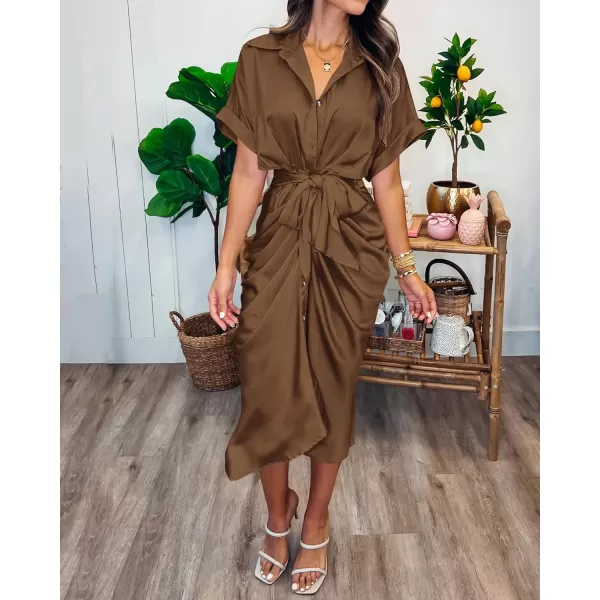 imageBTFBM Women 2023 Button Down Ruched Shirt Dresses Short Sleeve Lapel V Neck Elegant Party Spring Summer Maxi Satin DressShort Sleeve Dark Brown