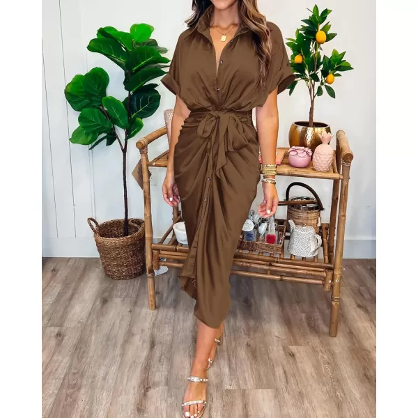 imageBTFBM Women 2023 Button Down Ruched Shirt Dresses Short Sleeve Lapel V Neck Elegant Party Spring Summer Maxi Satin DressShort Sleeve Dark Brown