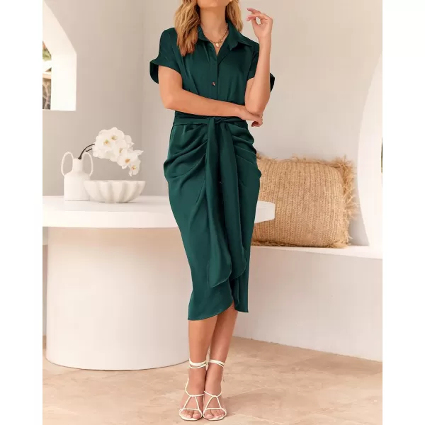 imageBTFBM Women 2023 Button Down Ruched Shirt Dresses Short Sleeve Lapel V Neck Elegant Party Spring Summer Maxi Satin DressShort Sleeve Dark Green