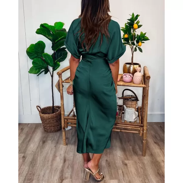 imageBTFBM Women 2023 Button Down Ruched Shirt Dresses Short Sleeve Lapel V Neck Elegant Party Spring Summer Maxi Satin DressShort Sleeve Dark Green