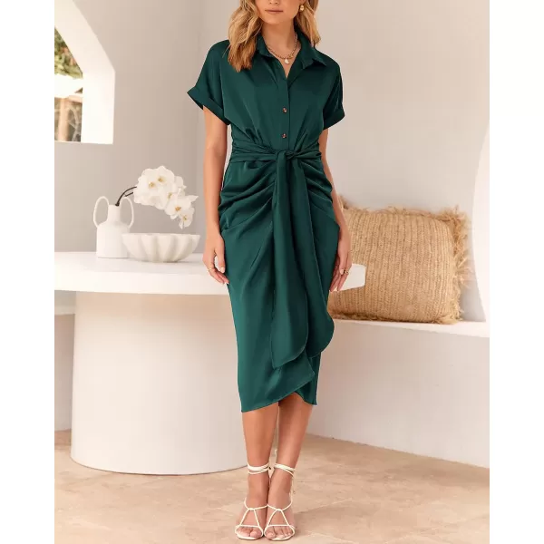 imageBTFBM Women 2023 Button Down Ruched Shirt Dresses Short Sleeve Lapel V Neck Elegant Party Spring Summer Maxi Satin DressShort Sleeve Dark Green