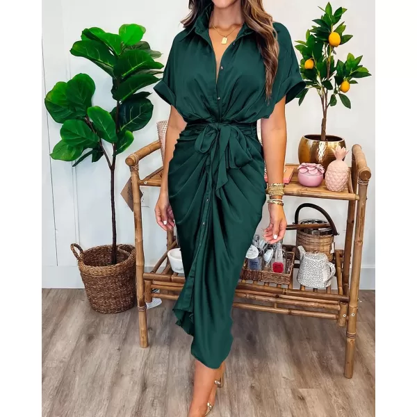 imageBTFBM Women 2023 Button Down Ruched Shirt Dresses Short Sleeve Lapel V Neck Elegant Party Spring Summer Maxi Satin DressShort Sleeve Dark Green