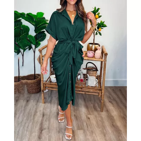 imageBTFBM Women 2023 Button Down Ruched Shirt Dresses Short Sleeve Lapel V Neck Elegant Party Spring Summer Maxi Satin DressShort Sleeve Dark Green