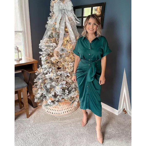 imageBTFBM Women 2023 Button Down Ruched Shirt Dresses Short Sleeve Lapel V Neck Elegant Party Spring Summer Maxi Satin DressShort Sleeve Dark Green