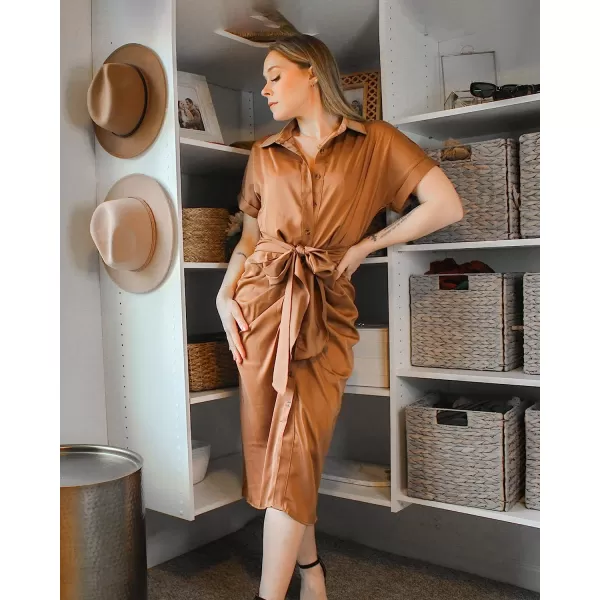 imageBTFBM Women 2023 Button Down Ruched Shirt Dresses Short Sleeve Lapel V Neck Elegant Party Spring Summer Maxi Satin DressShort Sleeve Dark Khaki