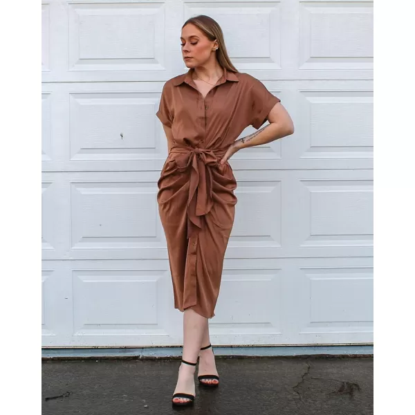 imageBTFBM Women 2023 Button Down Ruched Shirt Dresses Short Sleeve Lapel V Neck Elegant Party Spring Summer Maxi Satin DressShort Sleeve Dark Khaki