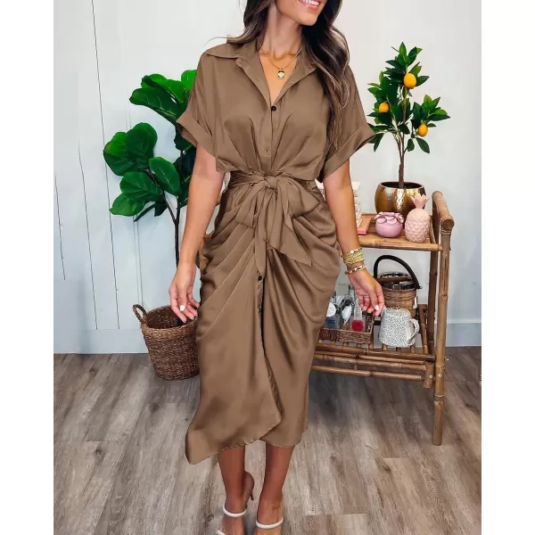 imageBTFBM Women 2023 Button Down Ruched Shirt Dresses Short Sleeve Lapel V Neck Elegant Party Spring Summer Maxi Satin DressShort Sleeve Dark Khaki