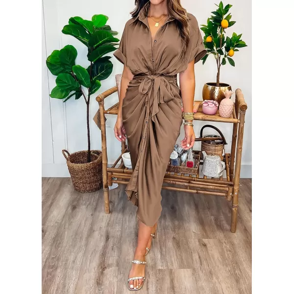 imageBTFBM Women 2023 Button Down Ruched Shirt Dresses Short Sleeve Lapel V Neck Elegant Party Spring Summer Maxi Satin DressShort Sleeve Dark Khaki