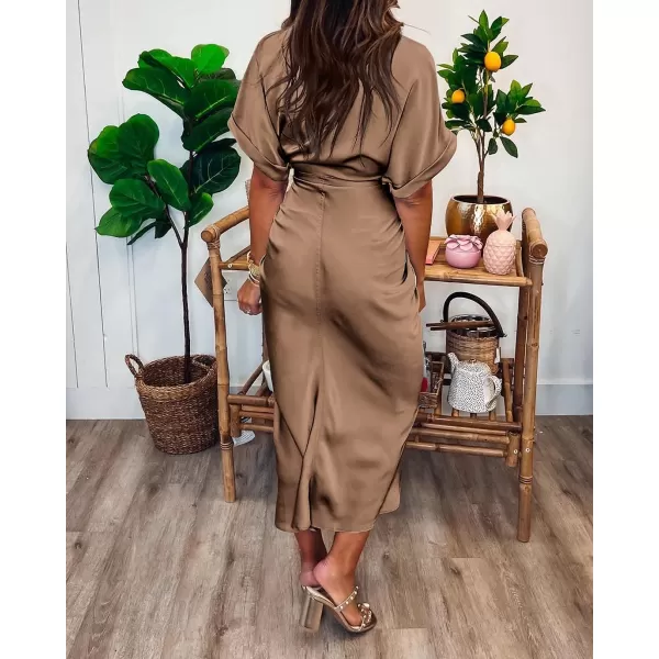 imageBTFBM Women 2023 Button Down Ruched Shirt Dresses Short Sleeve Lapel V Neck Elegant Party Spring Summer Maxi Satin DressShort Sleeve Dark Khaki
