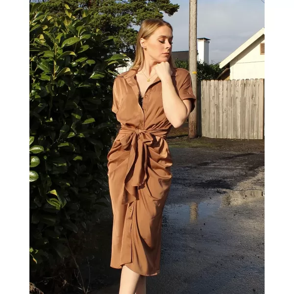 imageBTFBM Women 2023 Button Down Ruched Shirt Dresses Short Sleeve Lapel V Neck Elegant Party Spring Summer Maxi Satin DressShort Sleeve Dark Khaki