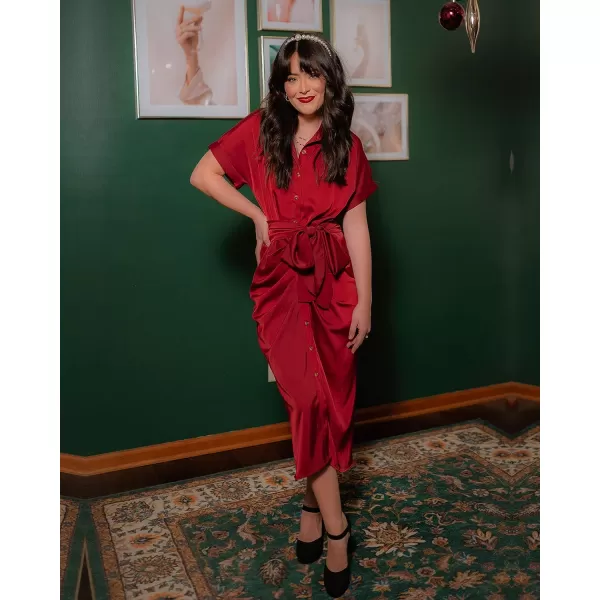 imageBTFBM Women 2023 Button Down Ruched Shirt Dresses Short Sleeve Lapel V Neck Elegant Party Spring Summer Maxi Satin DressShort Sleeve Dark Wine Red