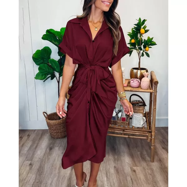imageBTFBM Women 2023 Button Down Ruched Shirt Dresses Short Sleeve Lapel V Neck Elegant Party Spring Summer Maxi Satin DressShort Sleeve Dark Wine Red