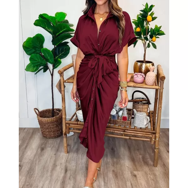 imageBTFBM Women 2023 Button Down Ruched Shirt Dresses Short Sleeve Lapel V Neck Elegant Party Spring Summer Maxi Satin DressShort Sleeve Dark Wine Red