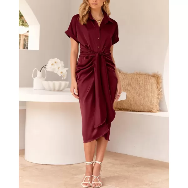 imageBTFBM Women 2023 Button Down Ruched Shirt Dresses Short Sleeve Lapel V Neck Elegant Party Spring Summer Maxi Satin DressShort Sleeve Dark Wine Red