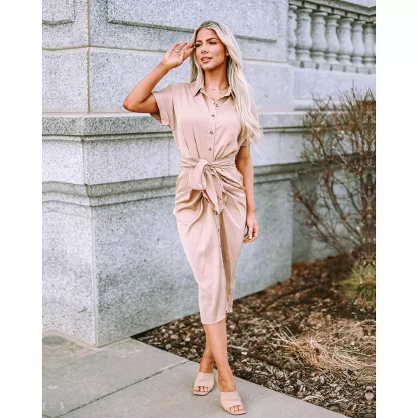 imageBTFBM Women 2023 Button Down Ruched Shirt Dresses Short Sleeve Lapel V Neck Elegant Party Spring Summer Maxi Satin DressShort Sleeve Light Khaki