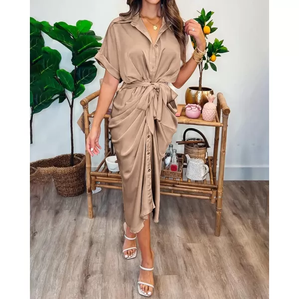 imageBTFBM Women 2023 Button Down Ruched Shirt Dresses Short Sleeve Lapel V Neck Elegant Party Spring Summer Maxi Satin DressShort Sleeve Light Khaki