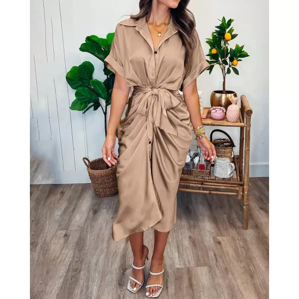 imageBTFBM Women 2023 Button Down Ruched Shirt Dresses Short Sleeve Lapel V Neck Elegant Party Spring Summer Maxi Satin DressShort Sleeve Light Khaki
