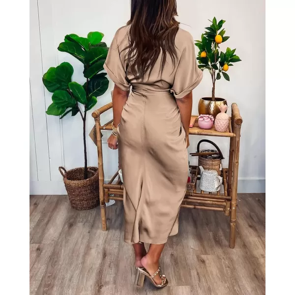 imageBTFBM Women 2023 Button Down Ruched Shirt Dresses Short Sleeve Lapel V Neck Elegant Party Spring Summer Maxi Satin DressShort Sleeve Light Khaki