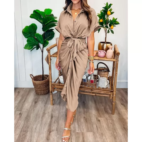 imageBTFBM Women 2023 Button Down Ruched Shirt Dresses Short Sleeve Lapel V Neck Elegant Party Spring Summer Maxi Satin DressShort Sleeve Light Khaki