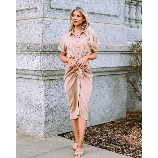 imageBTFBM Women 2023 Button Down Ruched Shirt Dresses Short Sleeve Lapel V Neck Elegant Party Spring Summer Maxi Satin DressShort Sleeve Light Khaki