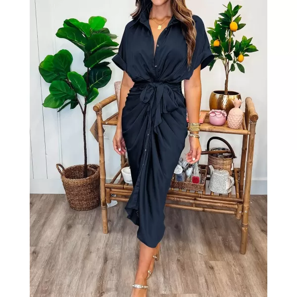 imageBTFBM Women 2023 Button Down Ruched Shirt Dresses Short Sleeve Lapel V Neck Elegant Party Spring Summer Maxi Satin DressShort Sleeve Navy