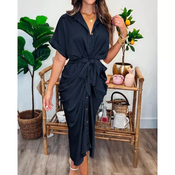 imageBTFBM Women 2023 Button Down Ruched Shirt Dresses Short Sleeve Lapel V Neck Elegant Party Spring Summer Maxi Satin DressShort Sleeve Navy
