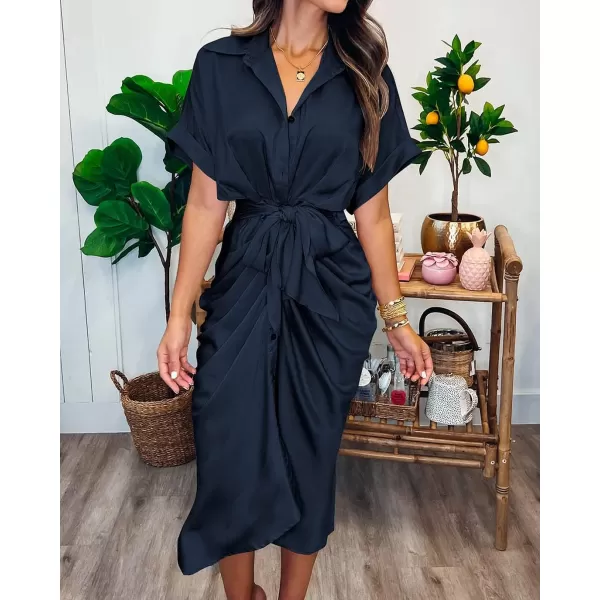 imageBTFBM Women 2023 Button Down Ruched Shirt Dresses Short Sleeve Lapel V Neck Elegant Party Spring Summer Maxi Satin DressShort Sleeve Navy