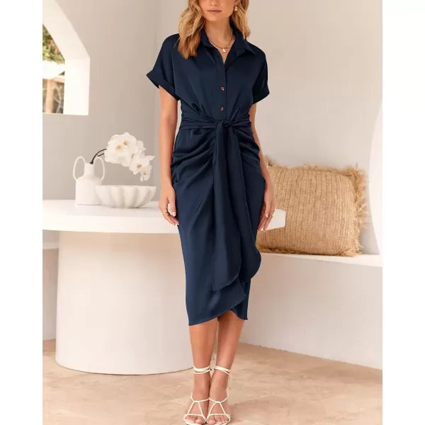 imageBTFBM Women 2023 Button Down Ruched Shirt Dresses Short Sleeve Lapel V Neck Elegant Party Spring Summer Maxi Satin DressShort Sleeve Navy
