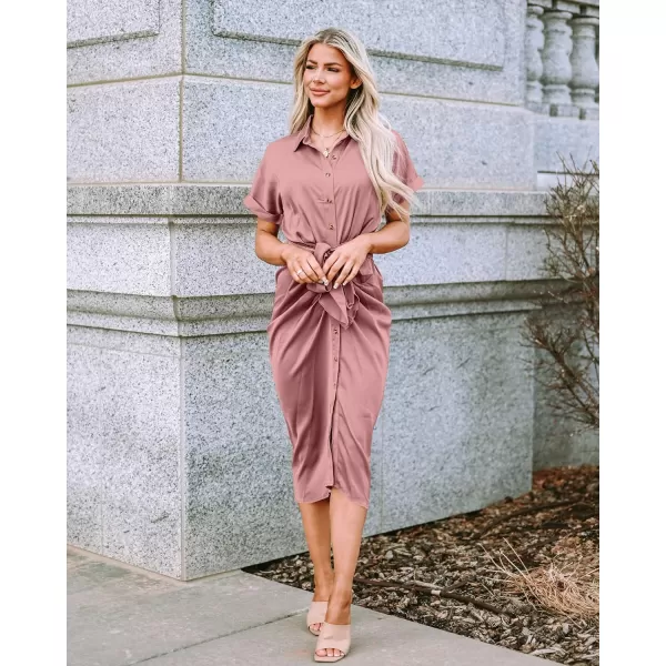 imageBTFBM Women 2023 Button Down Ruched Shirt Dresses Short Sleeve Lapel V Neck Elegant Party Spring Summer Maxi Satin DressShort Sleeve Pink