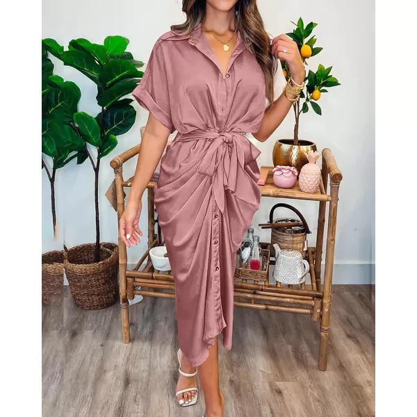imageBTFBM Women 2023 Button Down Ruched Shirt Dresses Short Sleeve Lapel V Neck Elegant Party Spring Summer Maxi Satin DressShort Sleeve Pink