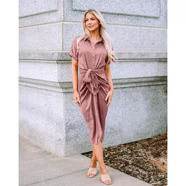 imageBTFBM Women 2023 Button Down Ruched Shirt Dresses Short Sleeve Lapel V Neck Elegant Party Spring Summer Maxi Satin DressShort Sleeve Pink