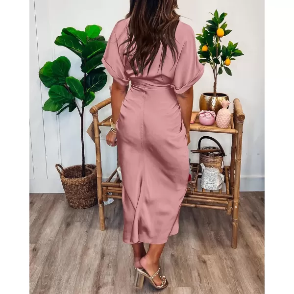 imageBTFBM Women 2023 Button Down Ruched Shirt Dresses Short Sleeve Lapel V Neck Elegant Party Spring Summer Maxi Satin DressShort Sleeve Pink