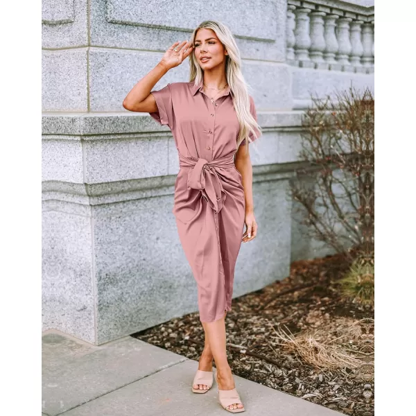 imageBTFBM Women 2023 Button Down Ruched Shirt Dresses Short Sleeve Lapel V Neck Elegant Party Spring Summer Maxi Satin DressShort Sleeve Pink