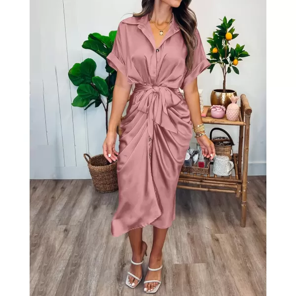 imageBTFBM Women 2023 Button Down Ruched Shirt Dresses Short Sleeve Lapel V Neck Elegant Party Spring Summer Maxi Satin DressShort Sleeve Pink