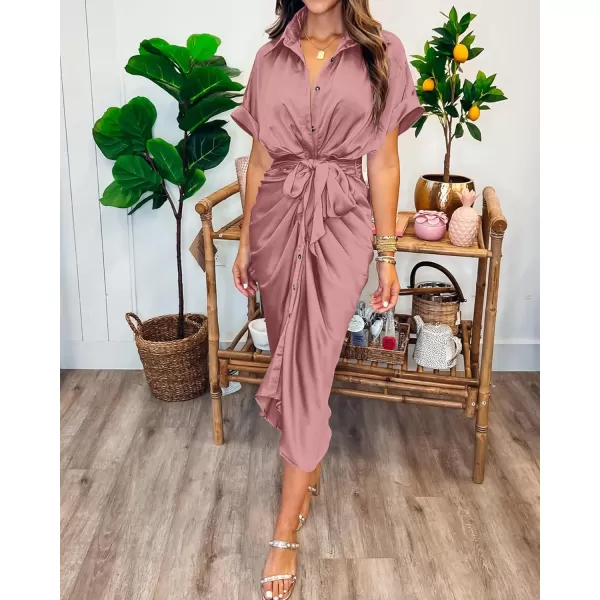 imageBTFBM Women 2023 Button Down Ruched Shirt Dresses Short Sleeve Lapel V Neck Elegant Party Spring Summer Maxi Satin DressShort Sleeve Pink