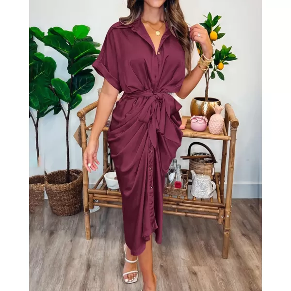 imageBTFBM Women 2023 Button Down Ruched Shirt Dresses Short Sleeve Lapel V Neck Elegant Party Spring Summer Maxi Satin DressShort Sleeve Purple Red