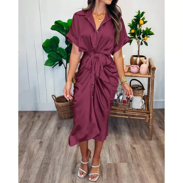 imageBTFBM Women 2023 Button Down Ruched Shirt Dresses Short Sleeve Lapel V Neck Elegant Party Spring Summer Maxi Satin DressShort Sleeve Purple Red