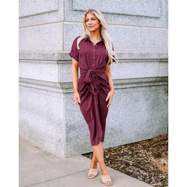 imageBTFBM Women 2023 Button Down Ruched Shirt Dresses Short Sleeve Lapel V Neck Elegant Party Spring Summer Maxi Satin DressShort Sleeve Purple Red