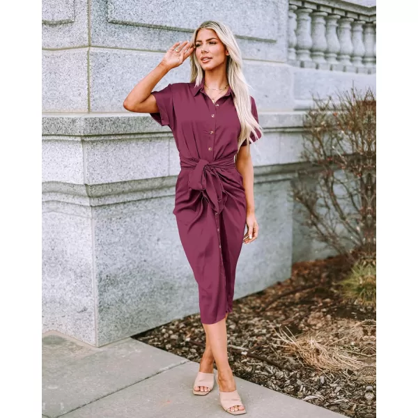 imageBTFBM Women 2023 Button Down Ruched Shirt Dresses Short Sleeve Lapel V Neck Elegant Party Spring Summer Maxi Satin DressShort Sleeve Purple Red